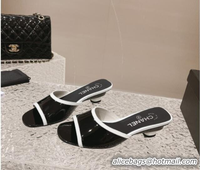 Best Price Chanel Patent Calfskin Heel Slide Sandals 5cm Black/White 213040