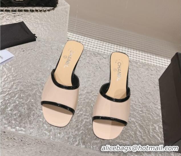 Pretty Style Chanel Patent Calfskin Heel Slide Sandals 5cm Beige 213041