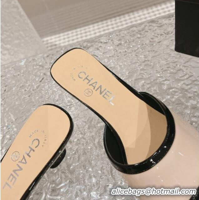 Pretty Style Chanel Patent Calfskin Heel Slide Sandals 5cm Beige 213041