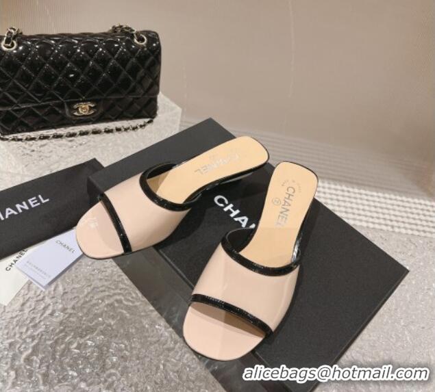 Pretty Style Chanel Patent Calfskin Heel Slide Sandals 5cm Beige 213041