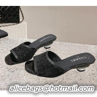 Perfect Chanel Tweed & Leather Heel Slide Sandals 5cm Black 1213043