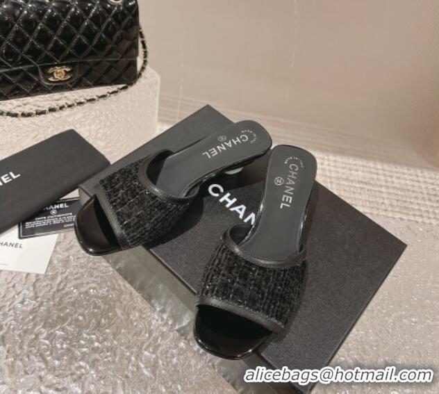 Perfect Chanel Tweed & Leather Heel Slide Sandals 5cm Black 1213043