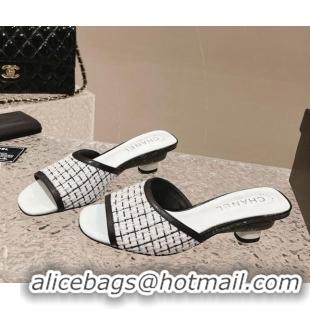 Good Quality Chanel Tweed & Leather Heel Slide Sandals 5cm Black/White 1213044