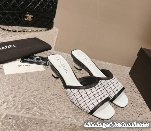 Good Quality Chanel Tweed & Leather Heel Slide Sandals 5cm Black/White 1213044