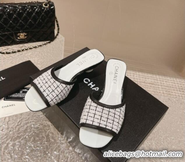 Good Quality Chanel Tweed & Leather Heel Slide Sandals 5cm Black/White 1213044