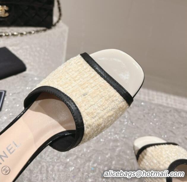 Best Grade Chanel Tweed & Leather Heel Slide Sandals 5cm Light Yellow 1213045