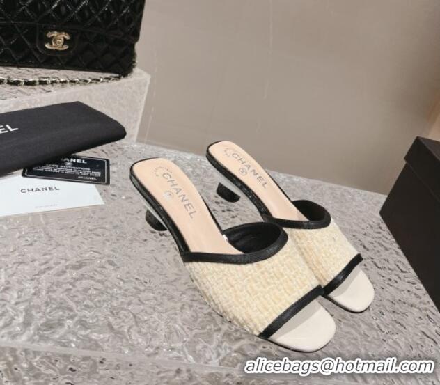 Best Grade Chanel Tweed & Leather Heel Slide Sandals 5cm Light Yellow 1213045