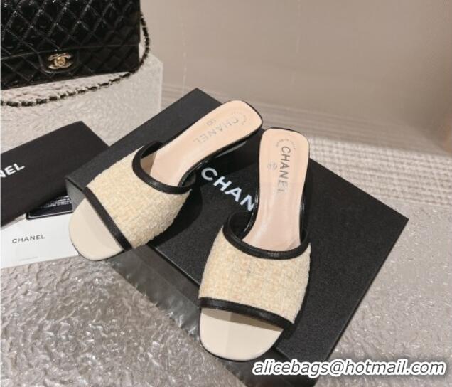 Best Grade Chanel Tweed & Leather Heel Slide Sandals 5cm Light Yellow 1213045