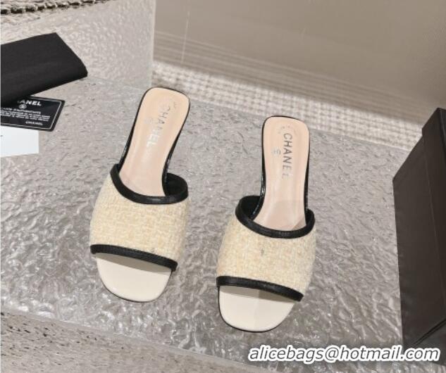 Best Grade Chanel Tweed & Leather Heel Slide Sandals 5cm Light Yellow 1213045