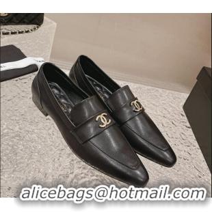 Popular Style Chanel Calfskin Leather Pointed Loafers Black 1213046