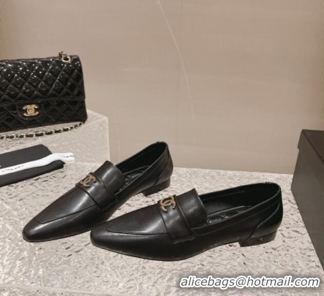 Popular Style Chanel Calfskin Leather Pointed Loafers Black 1213046