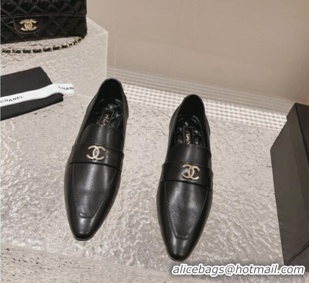 Popular Style Chanel Calfskin Leather Pointed Loafers Black 1213046