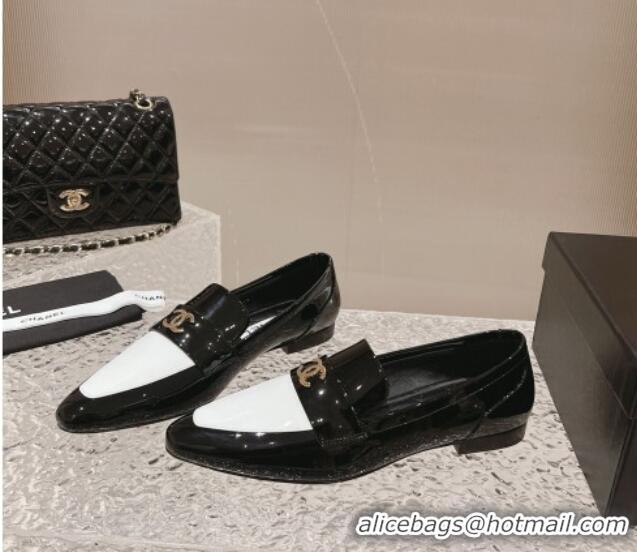 Low Price Chanel Patent Calfskin Pointed Loafers Black/White 1213048