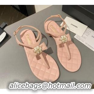 Good Looking Chanel Lambskin Flat Thong Sandals with Bloom Bow Light Pink 213049