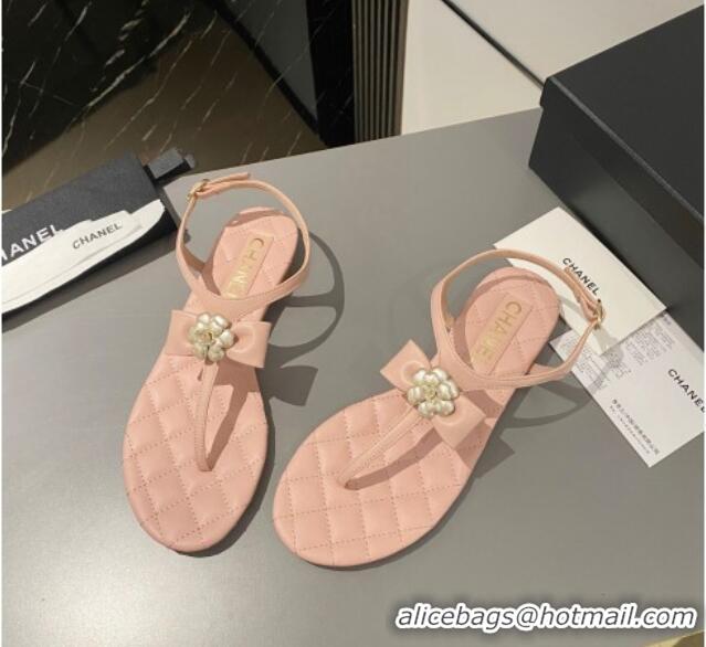 Good Looking Chanel Lambskin Flat Thong Sandals with Bloom Bow Light Pink 213049