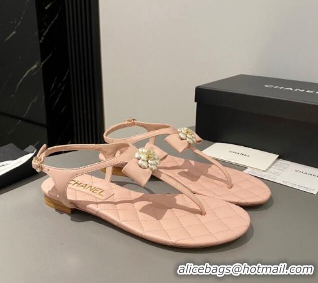 Good Looking Chanel Lambskin Flat Thong Sandals with Bloom Bow Light Pink 213049