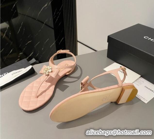 Good Looking Chanel Lambskin Flat Thong Sandals with Bloom Bow Light Pink 213049