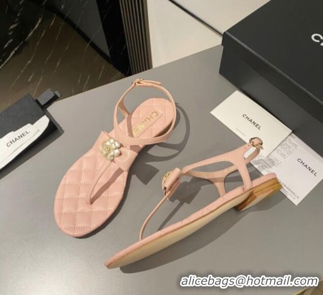 Good Looking Chanel Lambskin Flat Thong Sandals with Bloom Bow Light Pink 213049