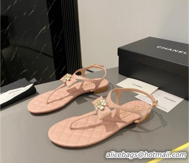 Good Looking Chanel Lambskin Flat Thong Sandals with Bloom Bow Light Pink 213049