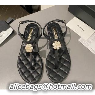 Low Cost Chanel Lambskin Flat Thong Sandals with Bloom Bow Black 1213050