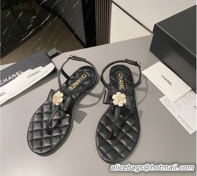 Low Cost Chanel Lambskin Flat Thong Sandals with Bloom Bow Black 1213050