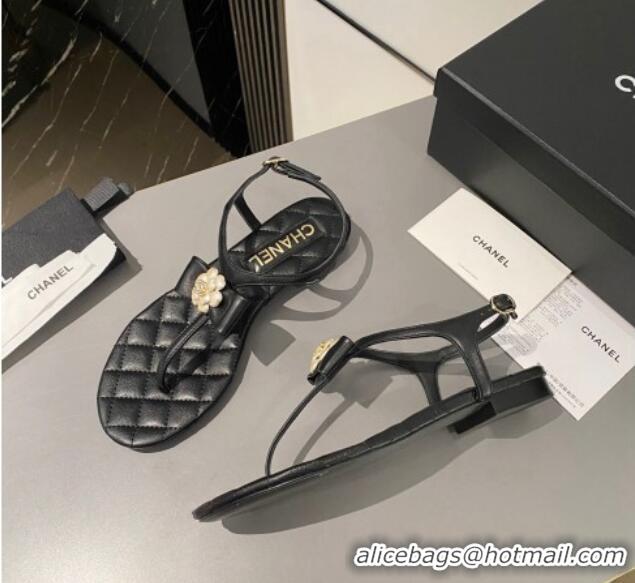 Low Cost Chanel Lambskin Flat Thong Sandals with Bloom Bow Black 1213050