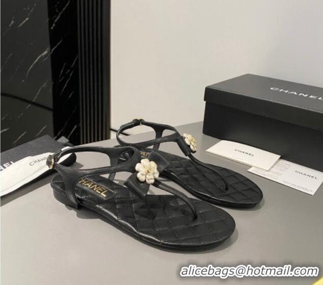 Low Cost Chanel Lambskin Flat Thong Sandals with Bloom Bow Black 1213050