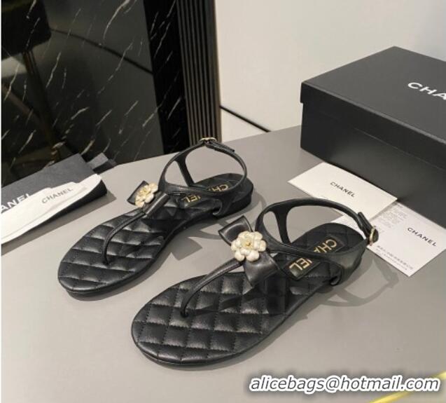 Low Cost Chanel Lambskin Flat Thong Sandals with Bloom Bow Black 1213050