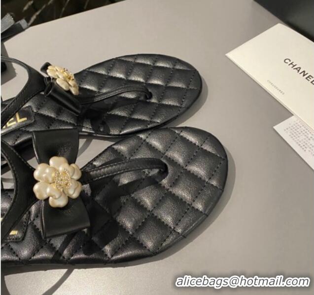 Low Cost Chanel Lambskin Flat Thong Sandals with Bloom Bow Black 1213050