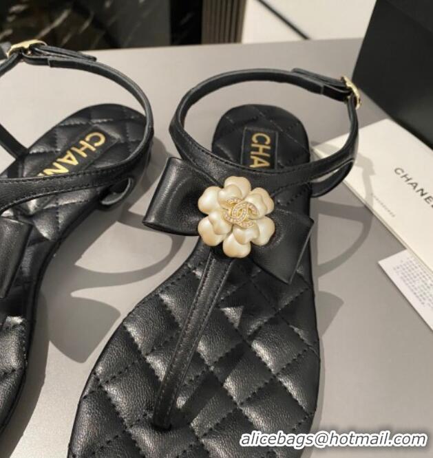 Low Cost Chanel Lambskin Flat Thong Sandals with Bloom Bow Black 1213050