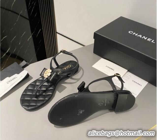 Low Cost Chanel Lambskin Flat Thong Sandals with Bloom Bow Black 1213050