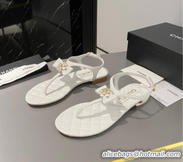 Grade Quality Chanel Lambskin Flat Thong Sandals with Bloom Bow White 1213051