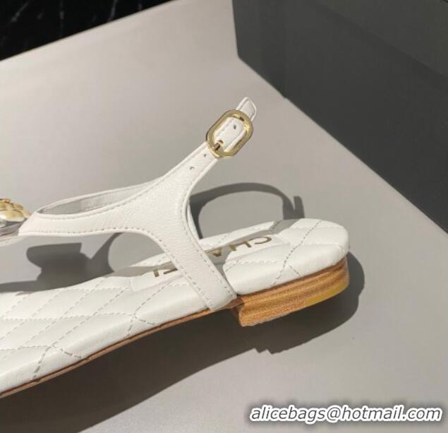 Grade Quality Chanel Lambskin Flat Thong Sandals with Bloom Bow White 1213051