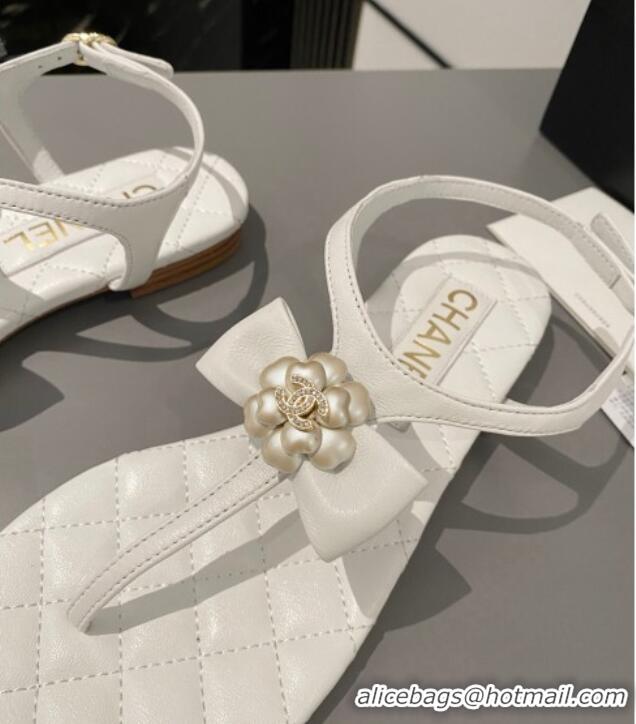 Grade Quality Chanel Lambskin Flat Thong Sandals with Bloom Bow White 1213051