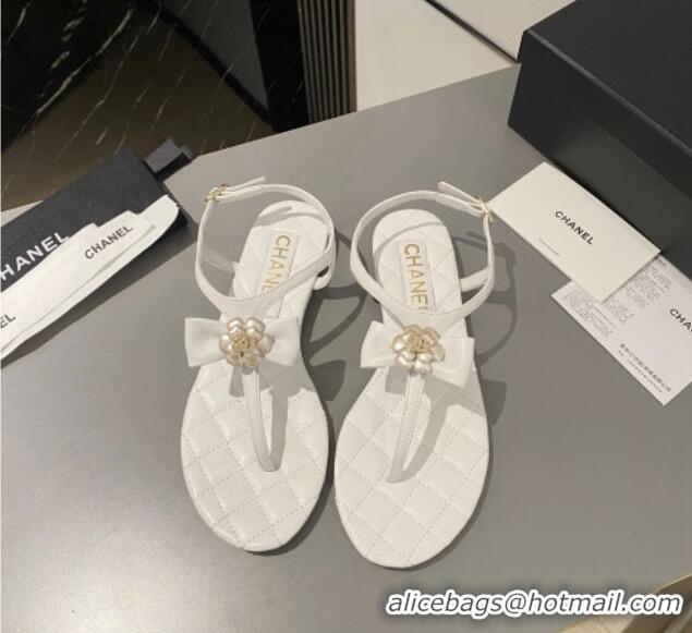 Grade Quality Chanel Lambskin Flat Thong Sandals with Bloom Bow White 1213051