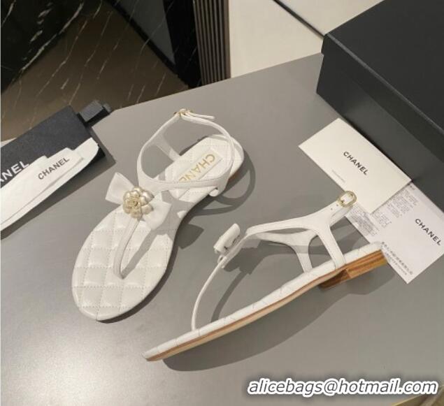 Grade Quality Chanel Lambskin Flat Thong Sandals with Bloom Bow White 1213051