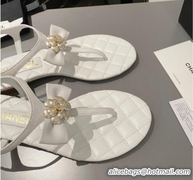 Grade Quality Chanel Lambskin Flat Thong Sandals with Bloom Bow White 1213051