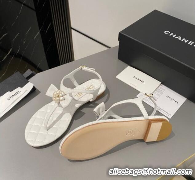 Grade Quality Chanel Lambskin Flat Thong Sandals with Bloom Bow White 1213051