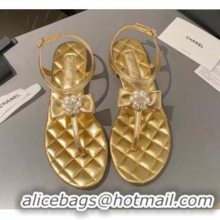 Top Design Chanel Lambskin Flat Thong Sandals with Bloom Bow Gold 1213052