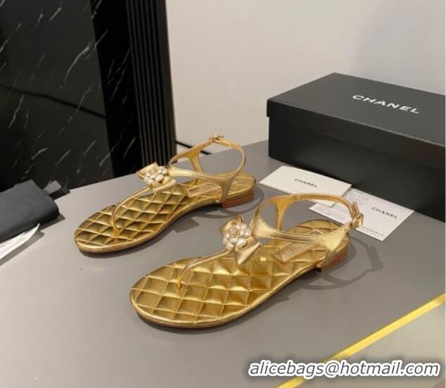 Top Design Chanel Lambskin Flat Thong Sandals with Bloom Bow Gold 1213052