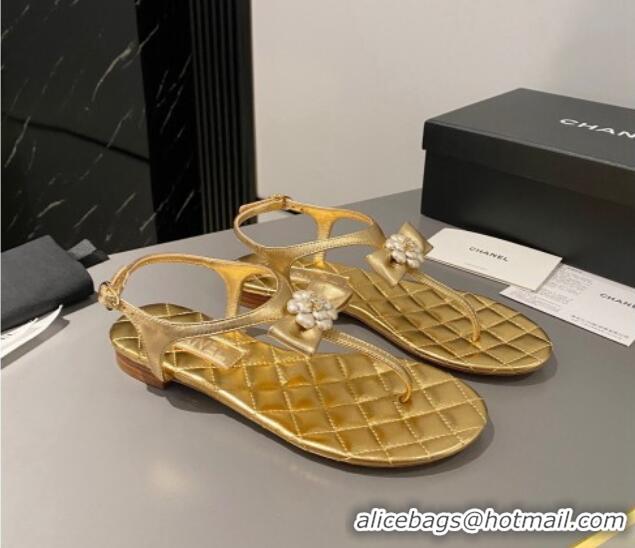 Top Design Chanel Lambskin Flat Thong Sandals with Bloom Bow Gold 1213052