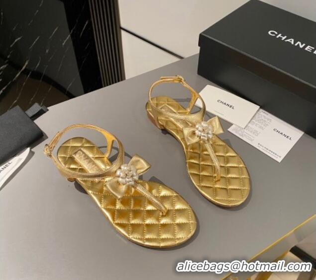 Top Design Chanel Lambskin Flat Thong Sandals with Bloom Bow Gold 1213052