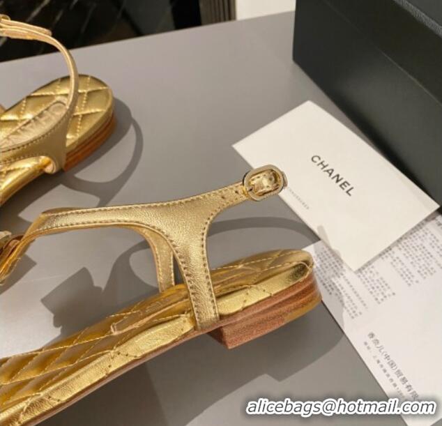 Top Design Chanel Lambskin Flat Thong Sandals with Bloom Bow Gold 1213052