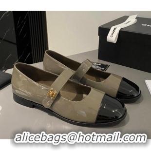 Buy Discount Chanel Patent Calfskin Mary Janes Flat Shoes Khaki Green 1213053