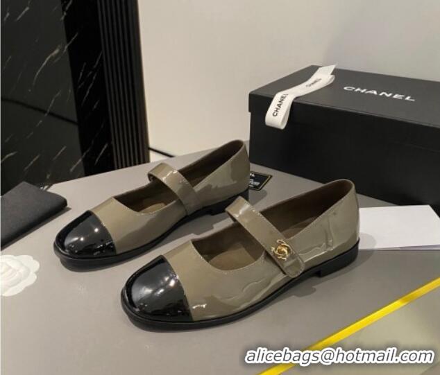 Buy Discount Chanel Patent Calfskin Mary Janes Flat Shoes Khaki Green 1213053