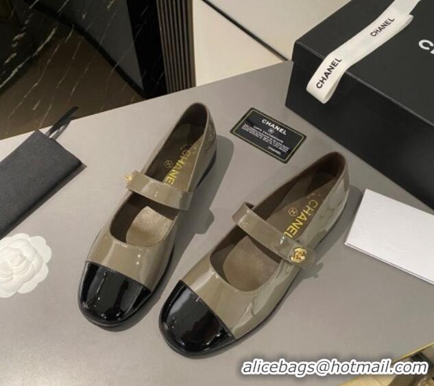 Buy Discount Chanel Patent Calfskin Mary Janes Flat Shoes Khaki Green 1213053