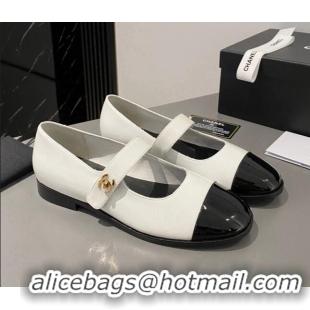 Cheap Price Chanel Patent Calfskin Mary Janes Flat Shoes White 213055