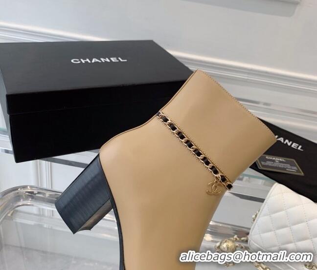 Good Product Chanel Calfskin Ankle Boots with CC Chain Beige 1213056