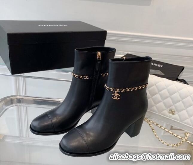 Best Price Chanel Calfskin Ankle Boots with CC Chain Black 213057