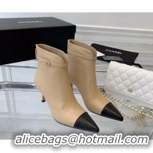 Shop Duplicate Chanel Calfskin Pointed Ankle Boots 7.5cm with Buckle Beige 213059